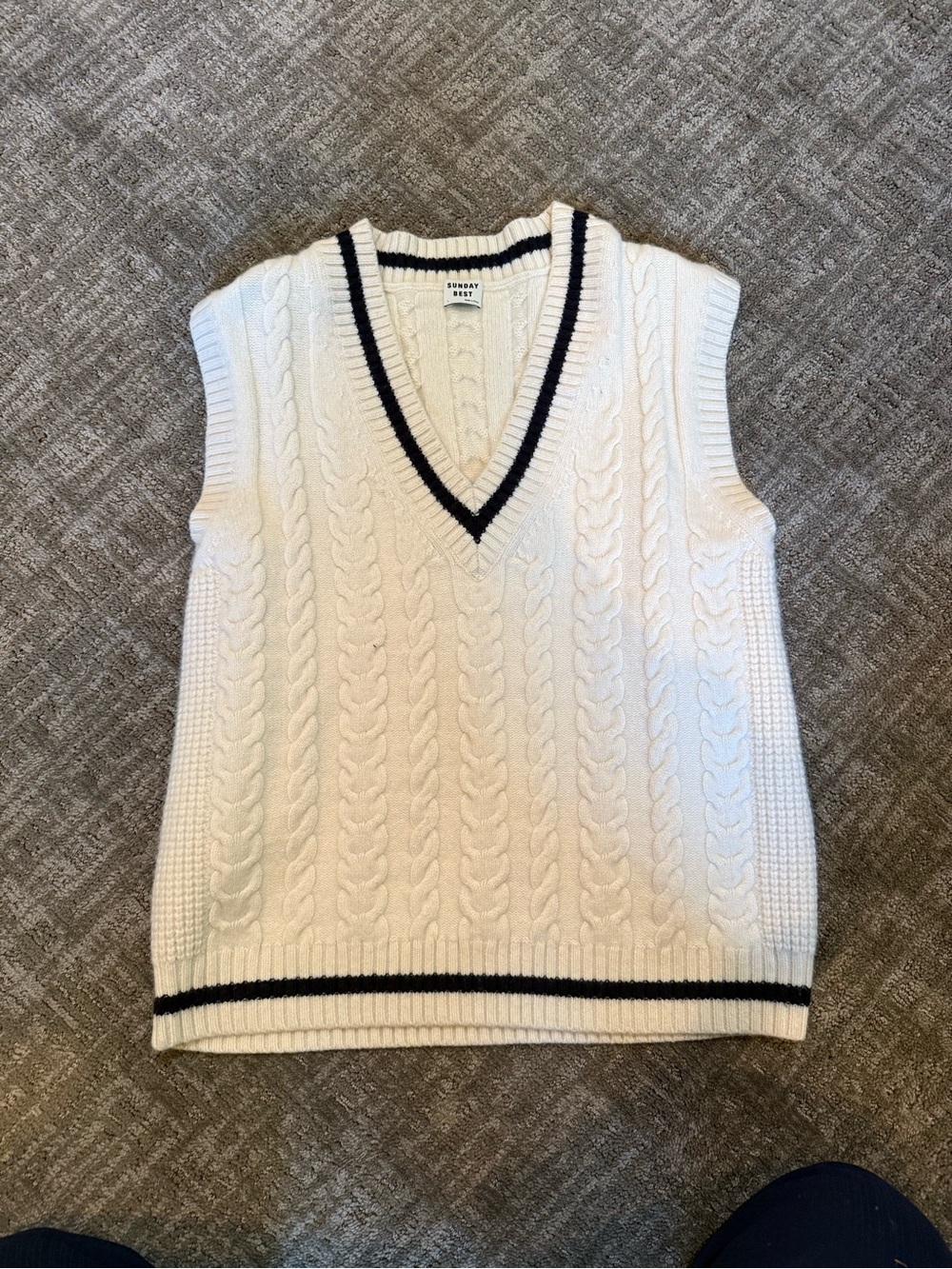 Aritzia Sunday Best Ivory Cable Knit Vest with Navy Stripe